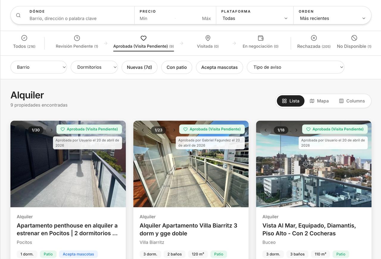 Vista de listado con filtros, estados y propiedades aprobadas